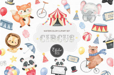 Circus Nursery Clipart, Circus Animals Watercolor Digital Clipart, Cir