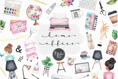 Home Office Clipart, Planner Girl Watercolor Digital Clipart, Planner
