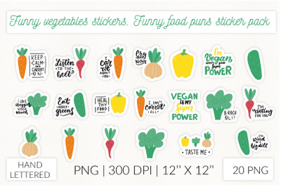 Funny vegetables stickers. Funny food puns sticker pack
