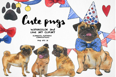 Dog birthday party watercolor clipart, Pug digital paper clip art