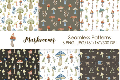Watercolor mushrooms seamless patterns.