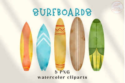 Watercolor Surfboards Clipart. Summer Beach Holiday PNG