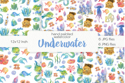 Watercolor Cute Mermaids. Seamless Patterns