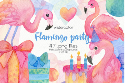 Watercolor Flamingo Party Clipart - PNG Files