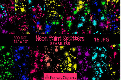 Neon Paint Splatters On Black Seamless Digital Paper