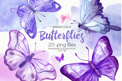 Watercolor Purple Butterflies - PNG Files