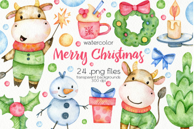 Watercolor Christmas Bulls Clipart - PNG Files