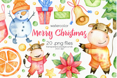 Watercolor Christmas Bulls Clipart - PNG Files