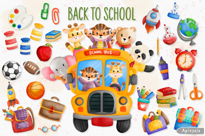 Watercolor Back to School and Animals Clipart
