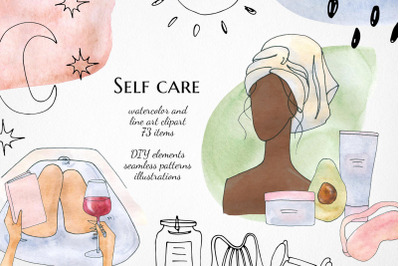watercolor self care clipart, fashion afro girl png digital paper
