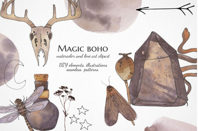 practical magic clipart, Watercolor boho mythical witchy clipart