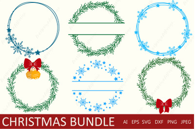 Christmas wreath bundle svg, Winter holiday split monogram