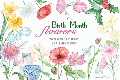 Watercolor Birth Month Flower Clipart