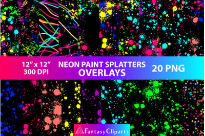 Neon Paint Splatters Overlays Clipart PNG | Paintball Drips