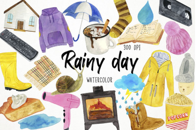 Watercolor Rainy Day Clipart, Rainy Clipart, Rain Clipart Cozy Clipart