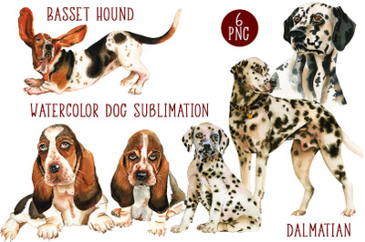 Watercolor Dog Sublimation Basset Hound, Dalmatian