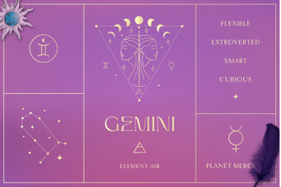 Gemini Zodiac Sign Logo Branding Design Kit. Premade Mystic Astrology.