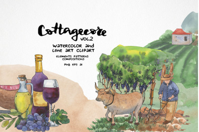 farm landscape clipart, Watercolor vineyard wine, Cottagecore life
