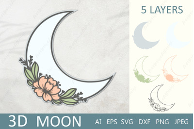 Moon 3d, Moon with flowers layered papercut, Floral moon svg