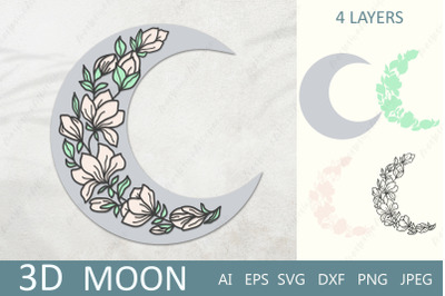 3d layered moon with magnolia, Moon with flowers paper cut svg file