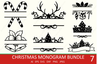 Christmas split monogram bundle, Holiday frame svg