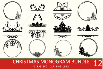 Christmas wreath bundle, Split monogram svg, Round frame svg
