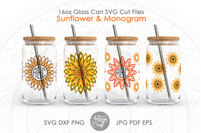 Sunflower can glass SVG&2C; sunflower wrap SVG&2C; 16oz glass can svg