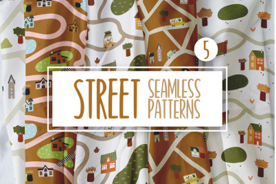 Vector seamless pattern with streets, houses, trees
