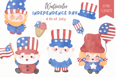 Independence Day Gnome, 4th July Watercolor clipart kawaii