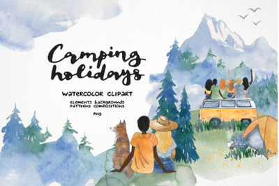 camping png, watercolor travel clipart, mountain landscape clip art
