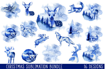 Blue Christmas winter forest Sublimation Bundle PNG