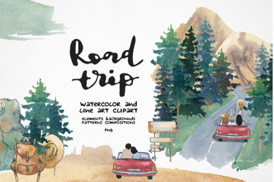 road trip clipart, Watercolor car travel png, Mountain landscape backg