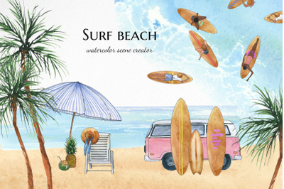 Watercolor beach clipart, Surf travel clip art, summer trip, Palm tree