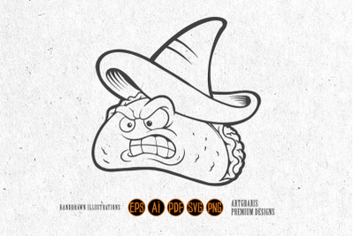 Angry delicious tacos restaurant mascot monochrome svg