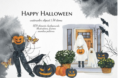 Halloween fall clipart, Watercolor pumpkin clip art, Kawaii ghost png