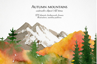 watercolor fall mountain clipart, landscape background png clipart