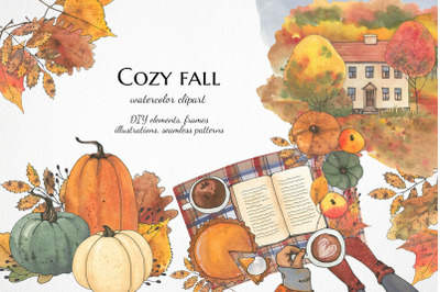 Watercolor fall clipart, Autumn country landscape clip art