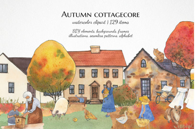 Cottagecore fall clipart, Watercolor country house png, Farm landscape