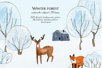woodland animal clipart, watercolor winter wonderland png, christmas