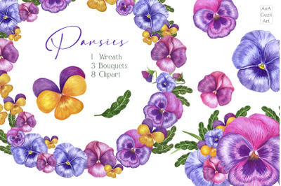 Watercolor violets, pansies clipart, Bouquets of flowers, floral wreat