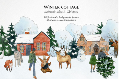 winter cottage village clipart, watercolor forest house animal people