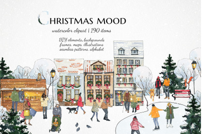 Christmas house clipart, Watercolor winter city scene creator