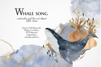 watercolor ocean clipart, animal whale narwhal clip art nautical
