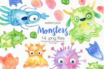 Watercolor Monsters Clipart - PNG Files