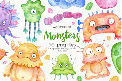 Watercolor Monsters Clipart - PNG Files