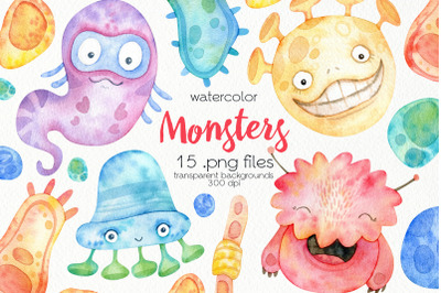 Watercolor Monsters Clipart - PNG Files