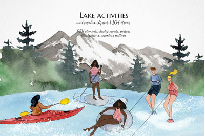 mountain lake clipart, watercolor summer camp scene creator clip art