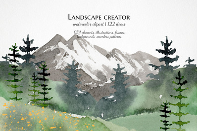 landscape clipart, watercolor mountain forest clip art