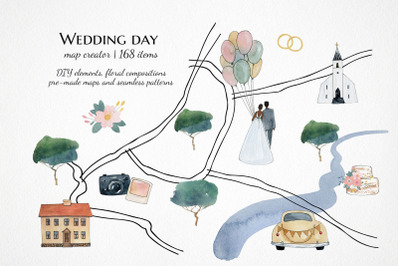 wedding map creator watercolor clipart, hand drawn custom map, bride