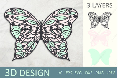 3d butterfly svg, Butterfly with flowers layered papercut